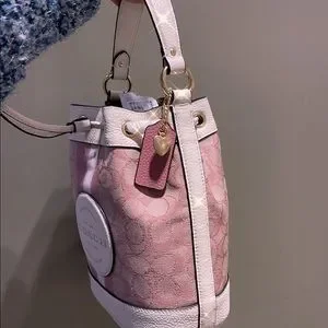 Coach Beige and Pink Signature Bucket Bag Dampsey Drawstring 19 inch jacquar Coach Dempsey Bucket Bag 19 In Signature Jacquard With Coach  main image 4